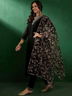 Sangria Floral Embroidered Straight Kurta With Trouser & Dupatta | Grocsy