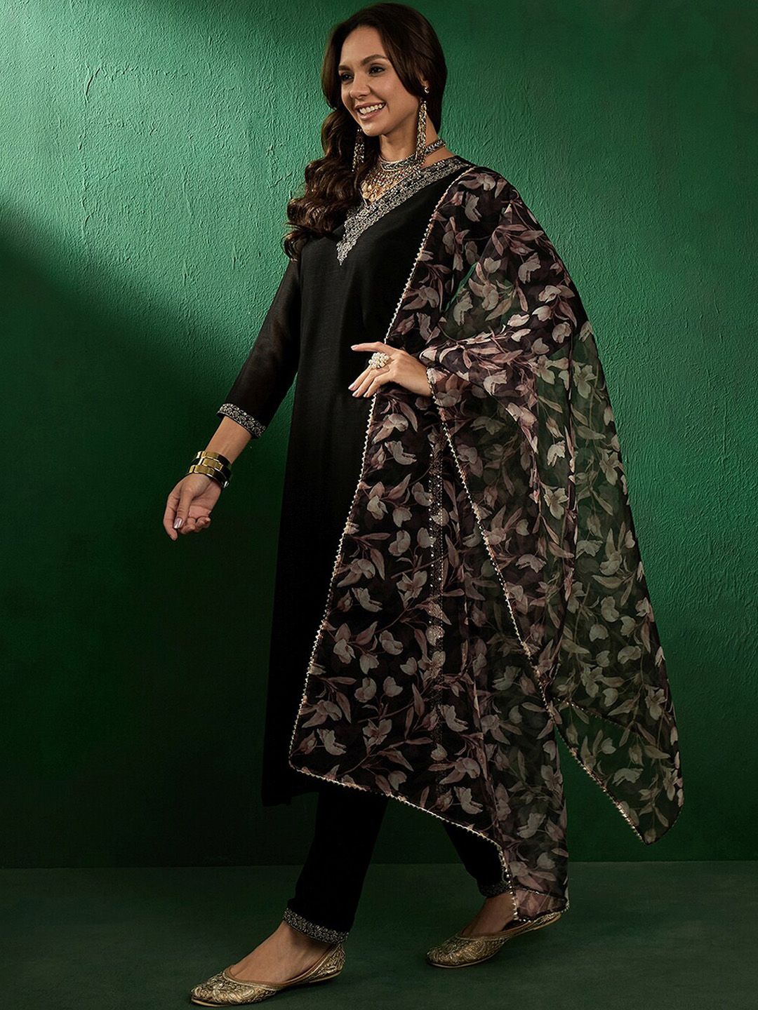 Sangria Floral Embroidered Straight Kurta With Trouser & Dupatta | Grocsy
