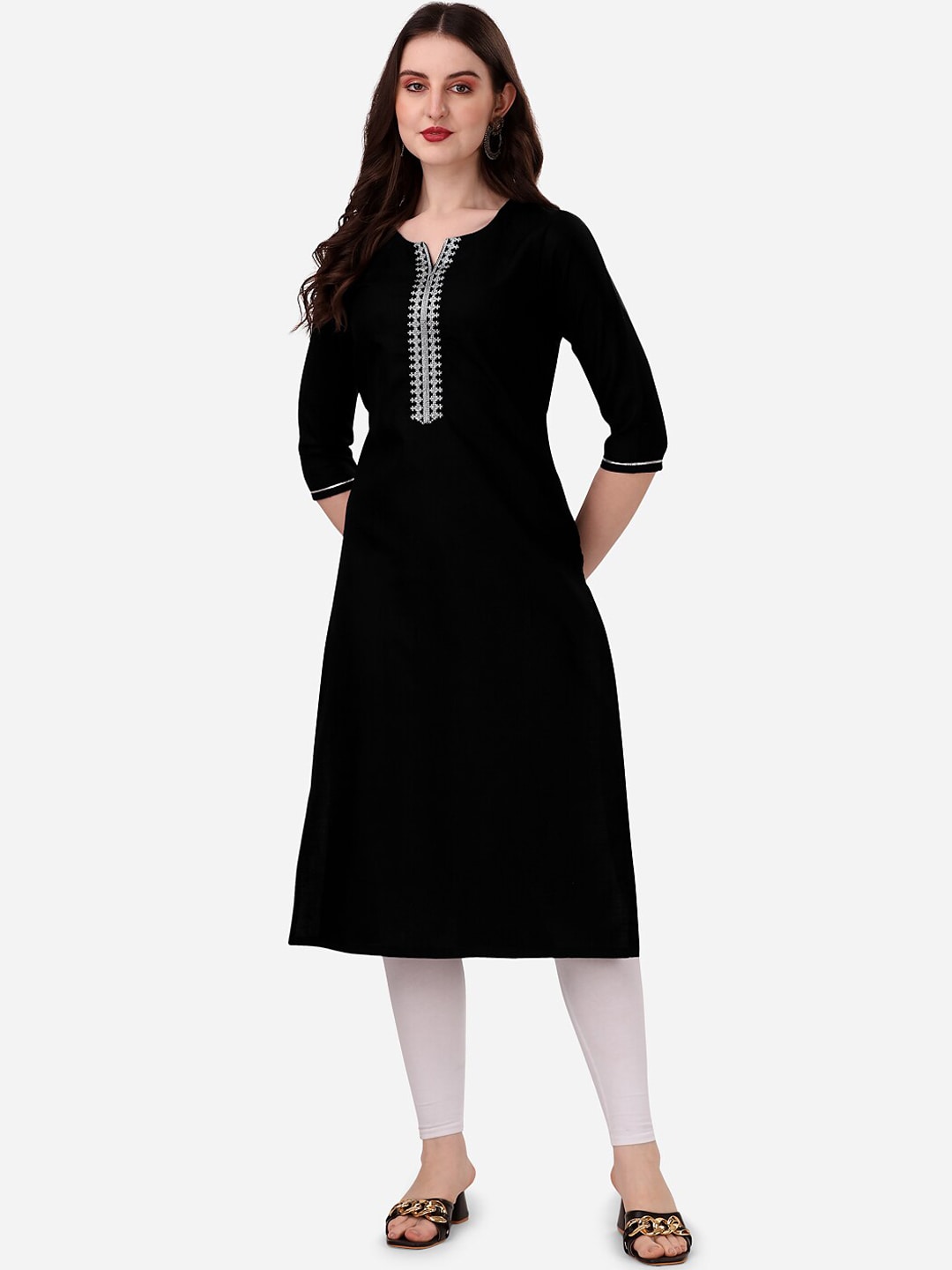 HERE&NOW Notch Neck Thread Work Straight Kurta | Grocsy