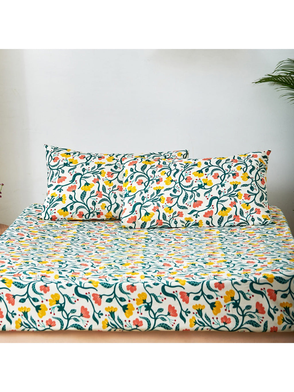 Chumbak White & Yellow Floral 136 TC Cotton 1 Queen Bedsheet with 2 Pillow Covers | Grocsy