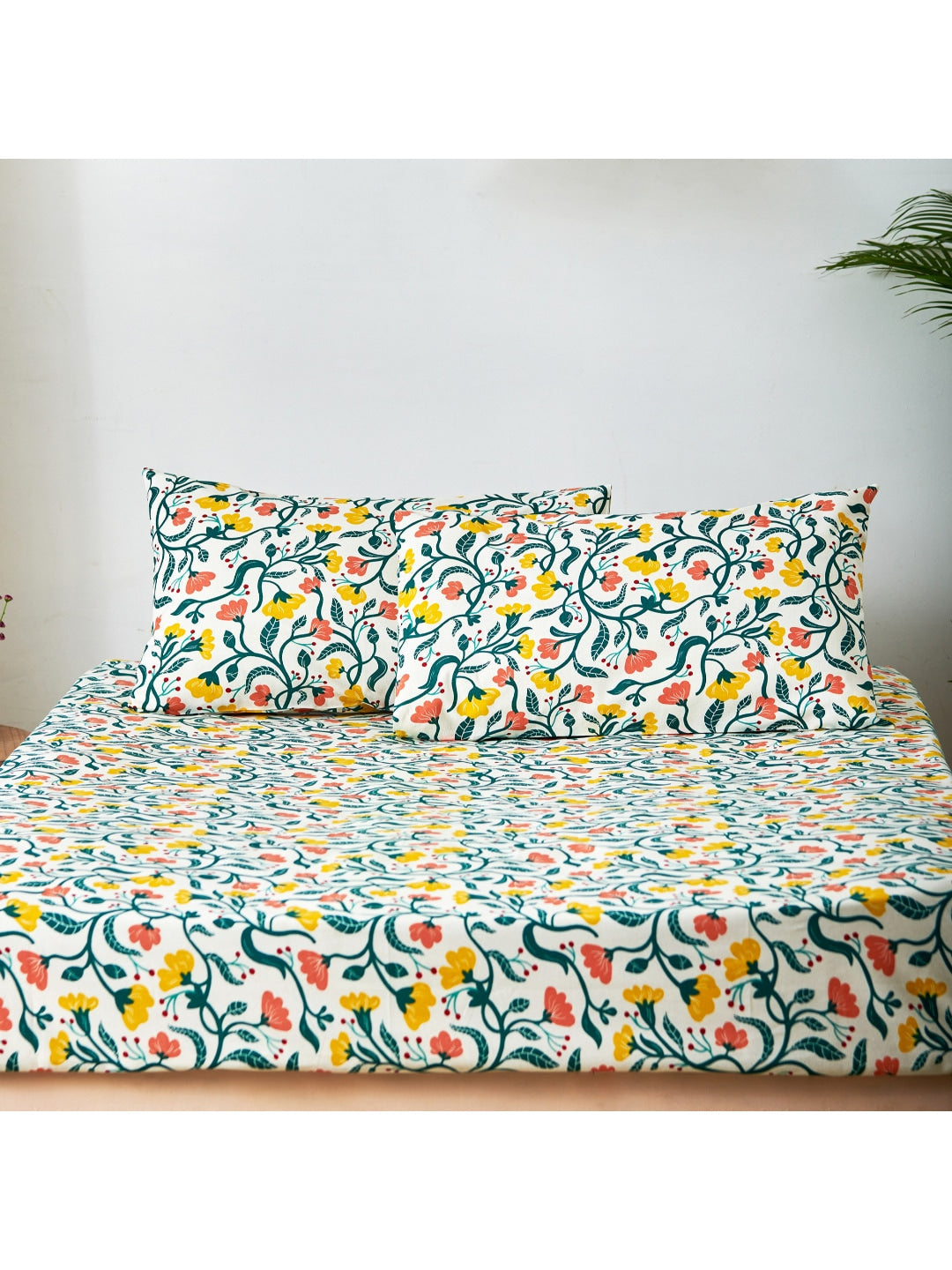 Chumbak White & Yellow Floral 136 TC Cotton 1 Queen Bedsheet with 2 Pillow Covers | Grocsy