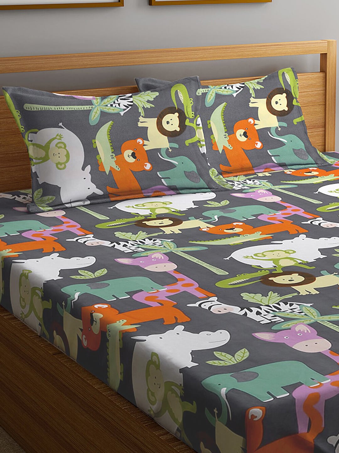 KLOTTHE Grey & Orange Cartoon Character Printed 300 TC King Bedsheet With 2 Pillow covers | Grocsy