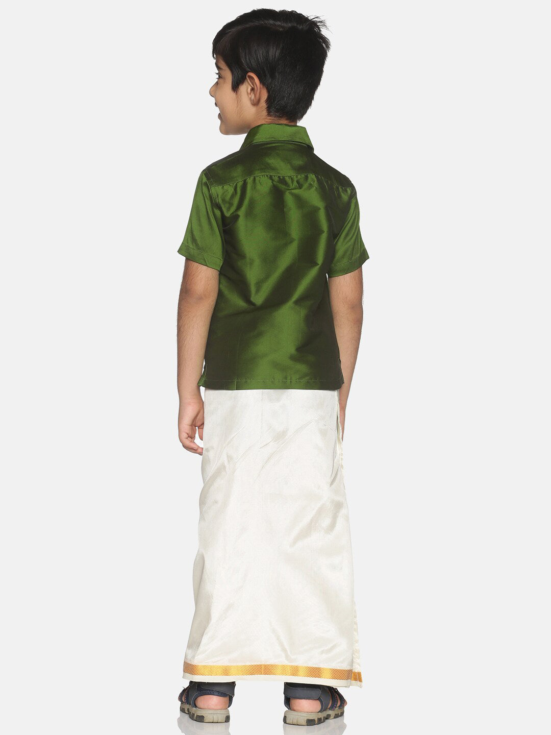 Sethukrishna Olive Green & White Solid Shirt and Veshti Set For Boys | Grocsy