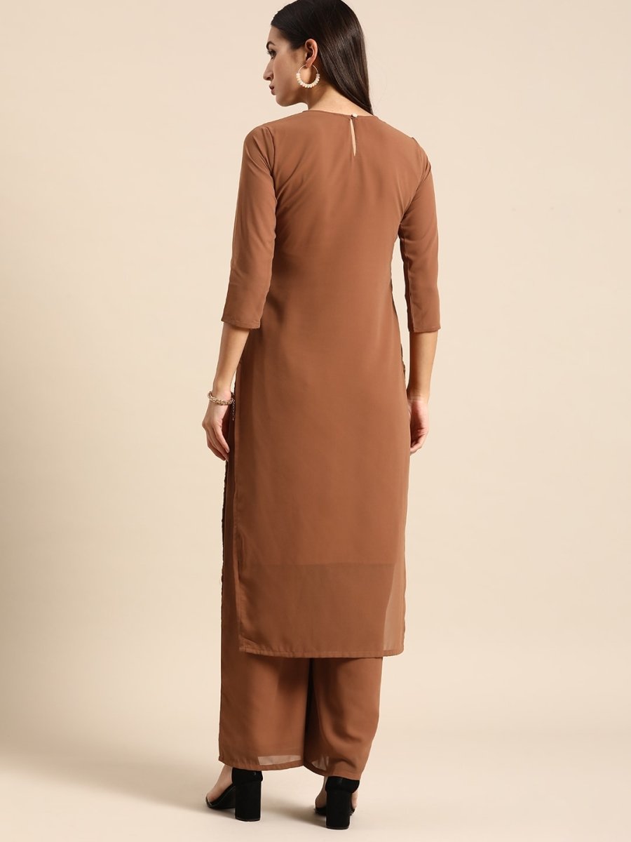 All About You Women Brown Ethnic Motifs Embroidered Chikankari Kurta with Palazzos | Grocsy