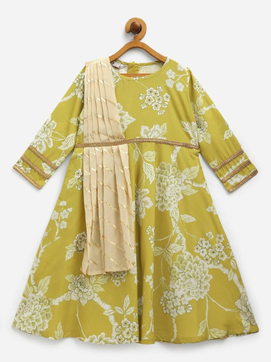 Ahalyaa Lemon Yellow Crepe Digital Print Kids Kurta With Dupatta Set For Girls | Grocsy
