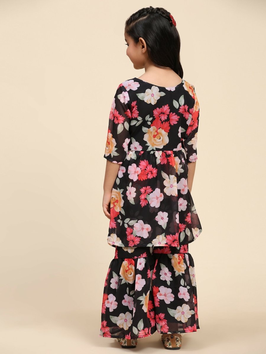 Alakhi Studio Girls Floral Georgette Printed V-Neck Kurta With Sharara - Black | Grocsy