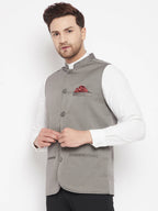 Even Apparels Grey Polyester Men's Nehru Jacket-Contrast Lining-Inbuilt Pocket Square | Grocsy