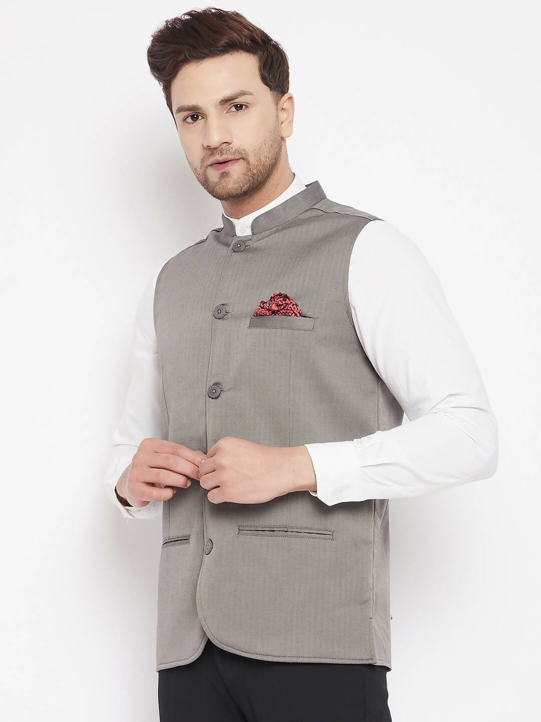 Even Apparels Grey Polyester Men's Nehru Jacket-Contrast Lining-Inbuilt Pocket Square | Grocsy