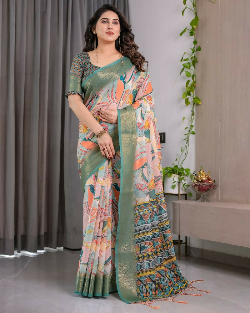 PR Fashion Olive Pure Handloom Linen Saree | Grocsy