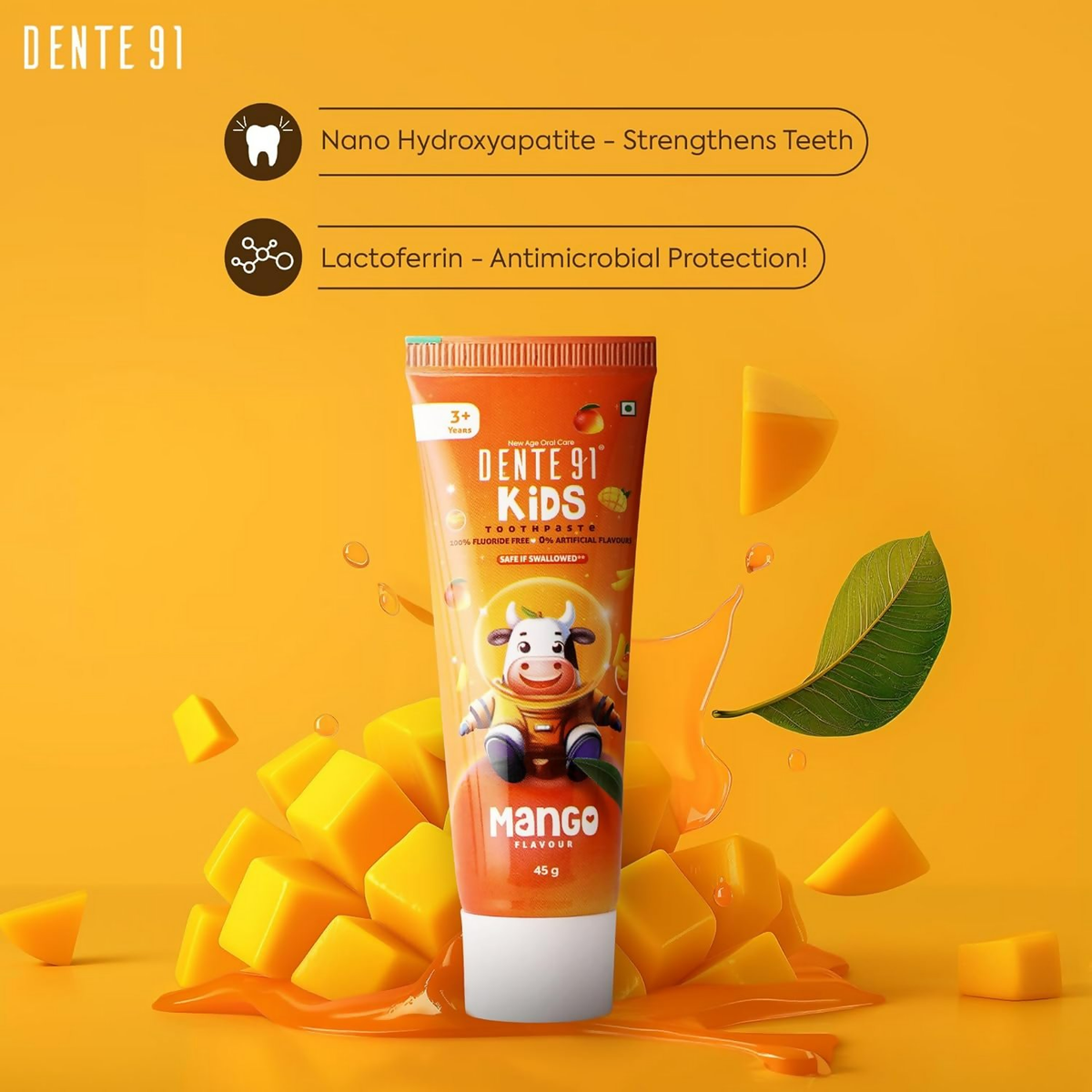 Dente91 Kids Toothpaste Protects Against Dental Caries & Hypersensitivity Fluoride Free, Mango Flavour | Grocsy