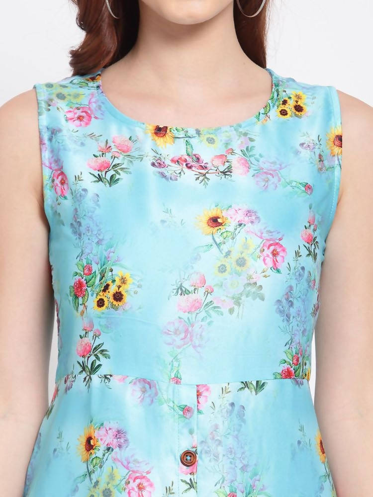 Myshka Women's Green Printed Cotton Blend Sleeveless Round Neck Casual Dress | Grocsy