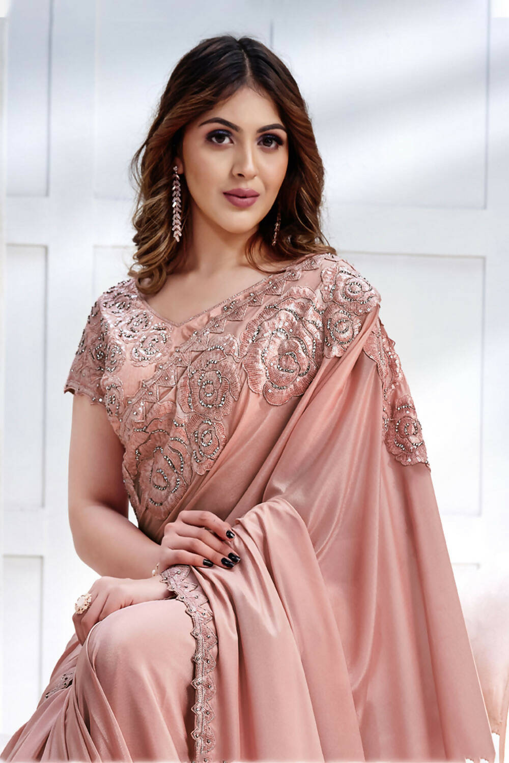 Peach Pure Crepe Georgette Cord & Sequence Embroidered with Stone work Saree - Mohmanthan Majestica | Grocsy