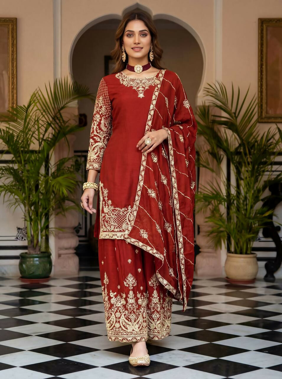 Joban Fashion Red Silk Embroidered Sharara Set | Grocsy
