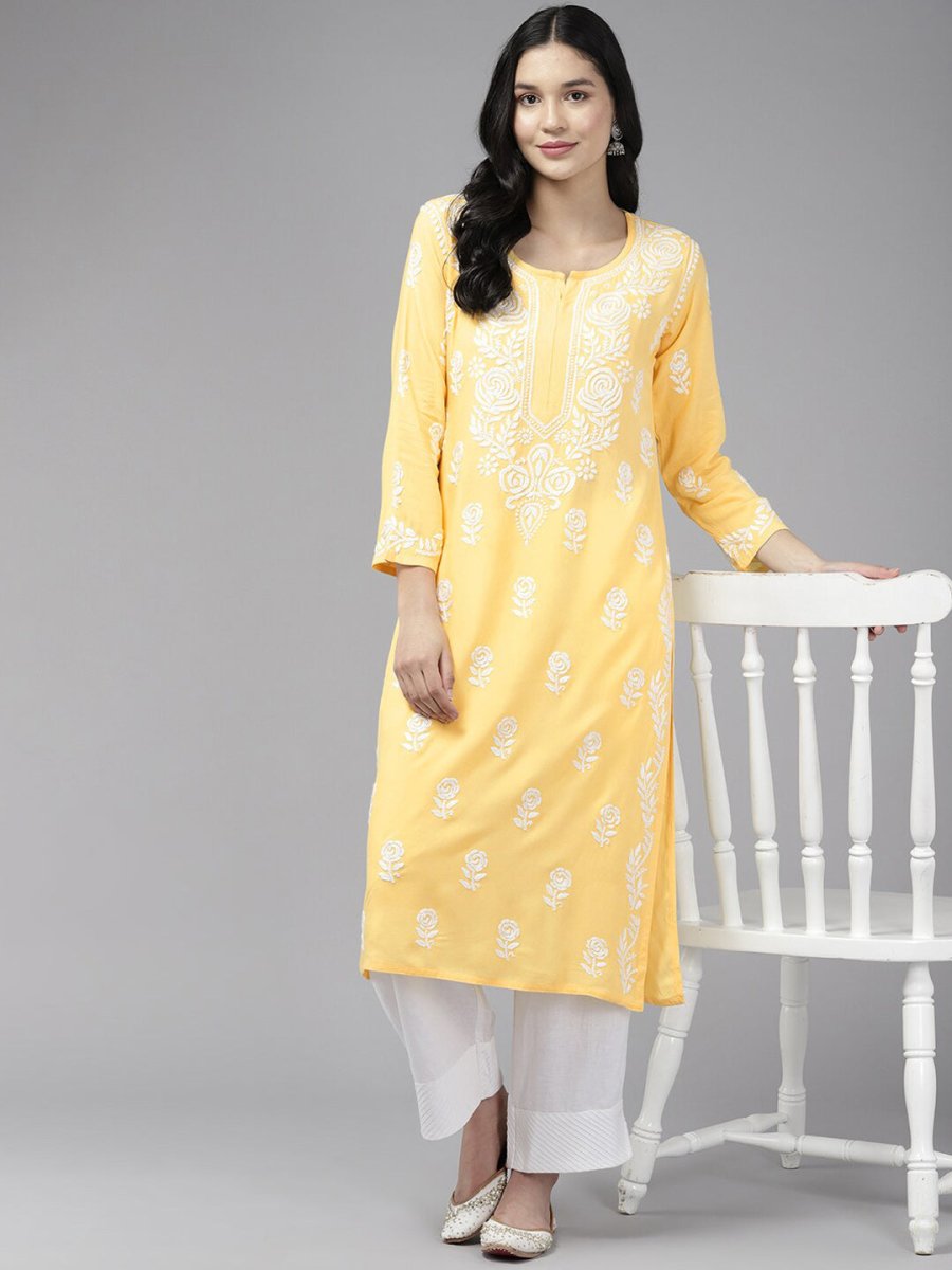 ADA Floral Embroidered Lucknowi Chikankari Cotton Silk Straight Kurta | Grocsy