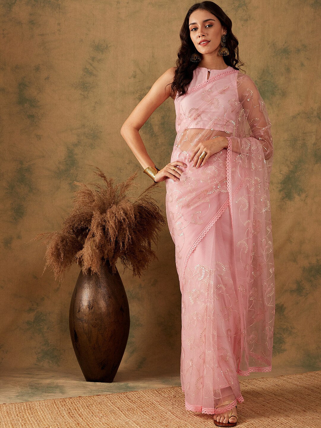 Sangria Pink Floral Embroidered Sequinned Net Saree | Grocsy