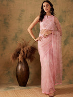 Sangria Pink Floral Embroidered Sequinned Net Saree | Grocsy