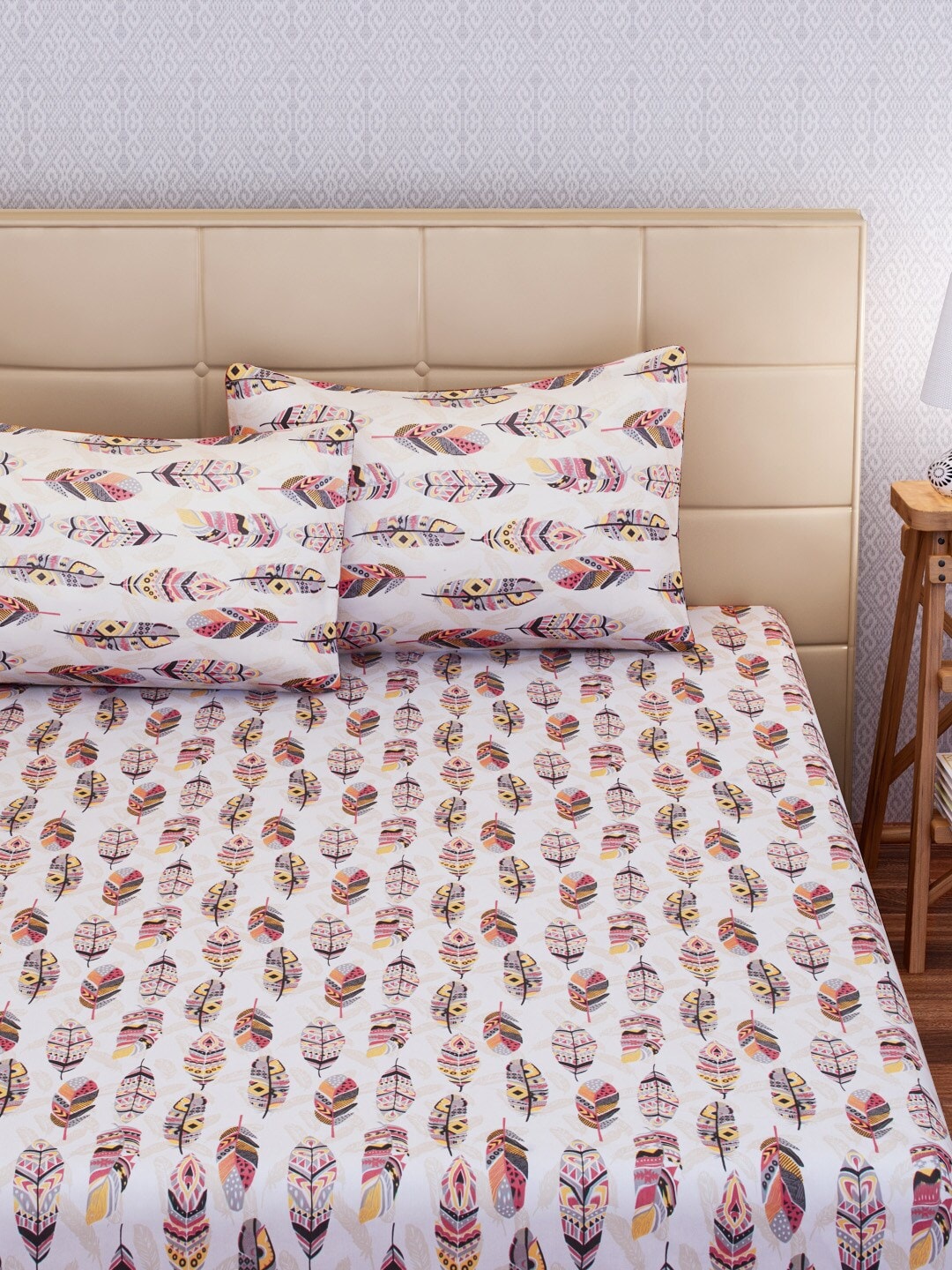 SEJ by Nisha Gupta White & Pink 144 TC Cotton King Bedsheet with 2 Pillow Covers | Grocsy