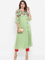 Janasya Women Green & Pink Floral Printed A-Line Kurta | Grocsy