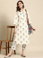 Sangria Floral Printed Angrakha Sequinned Pure Cotton Kurta With Trousers | Grocsy