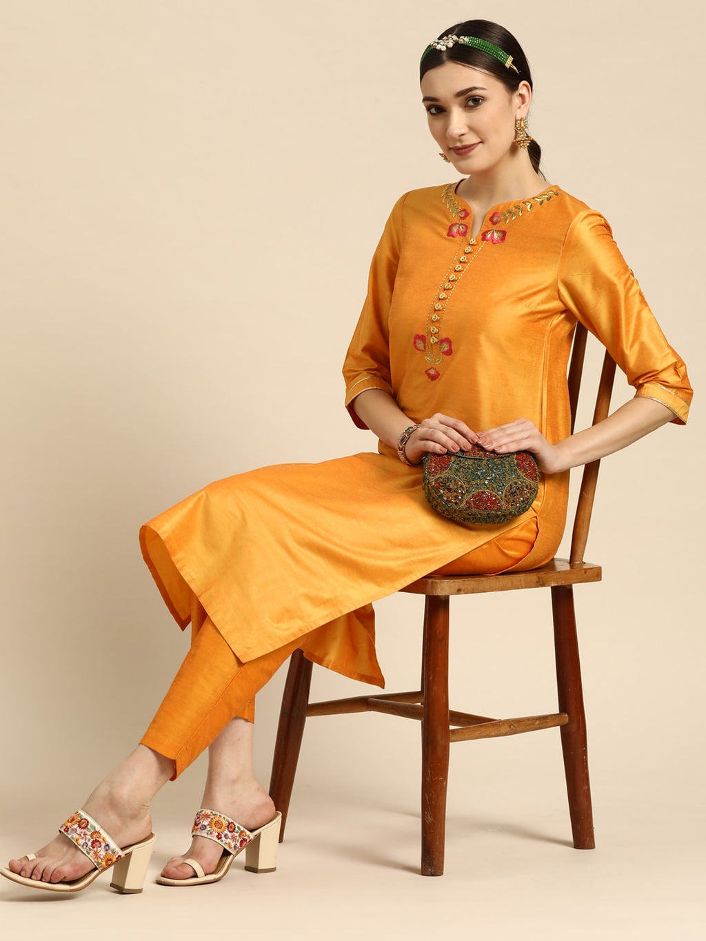 Sangria Women Orange Ethnic Motifs Embroidered Kurta with Trousers | Grocsy