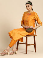 Sangria Women Orange Ethnic Motifs Embroidered Kurta with Trousers | Grocsy