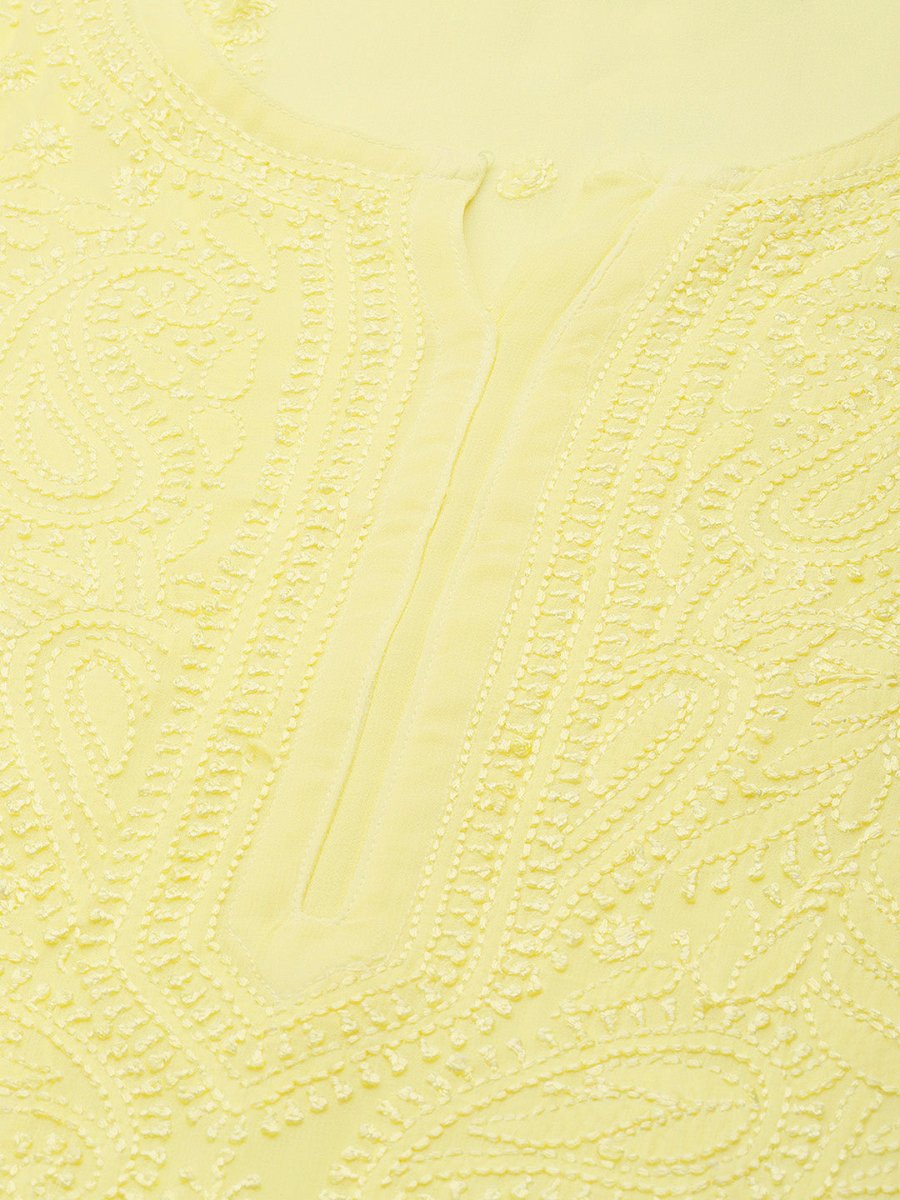 ADA Women Yellow Ethnic Motifs Embroidered Chikankari Georgette Handloom Kurta | Grocsy