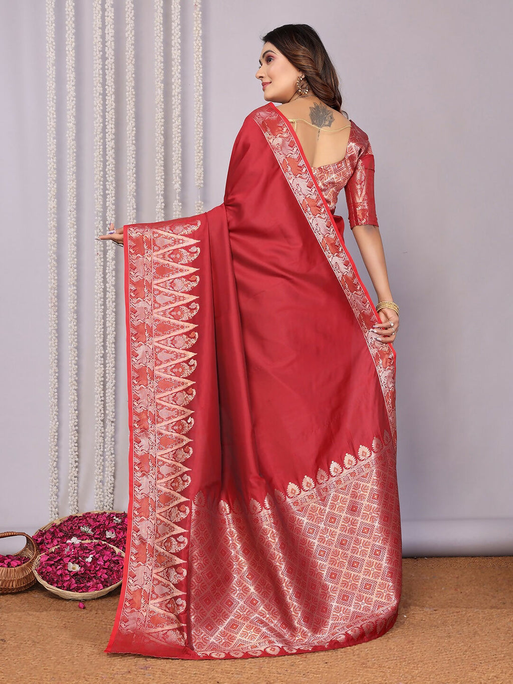 Joban Fashion Banarasi Red Jacquard WovenSoft Silk Saree | Grocsy