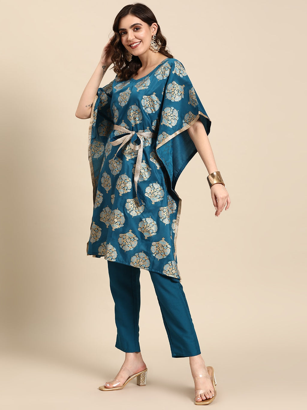 Sangria Ethnic Motifs Printed Gotta Patti Kurta with Trousers | Grocsy