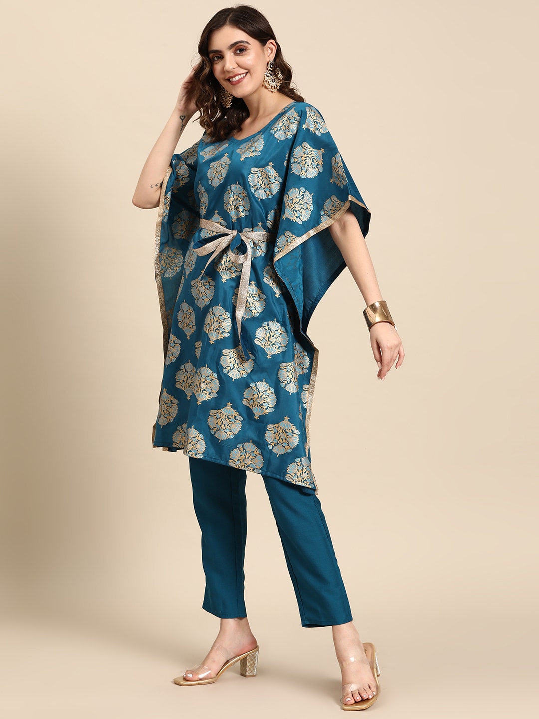 Sangria Ethnic Motifs Printed Gotta Patti Kurta with Trousers | Grocsy