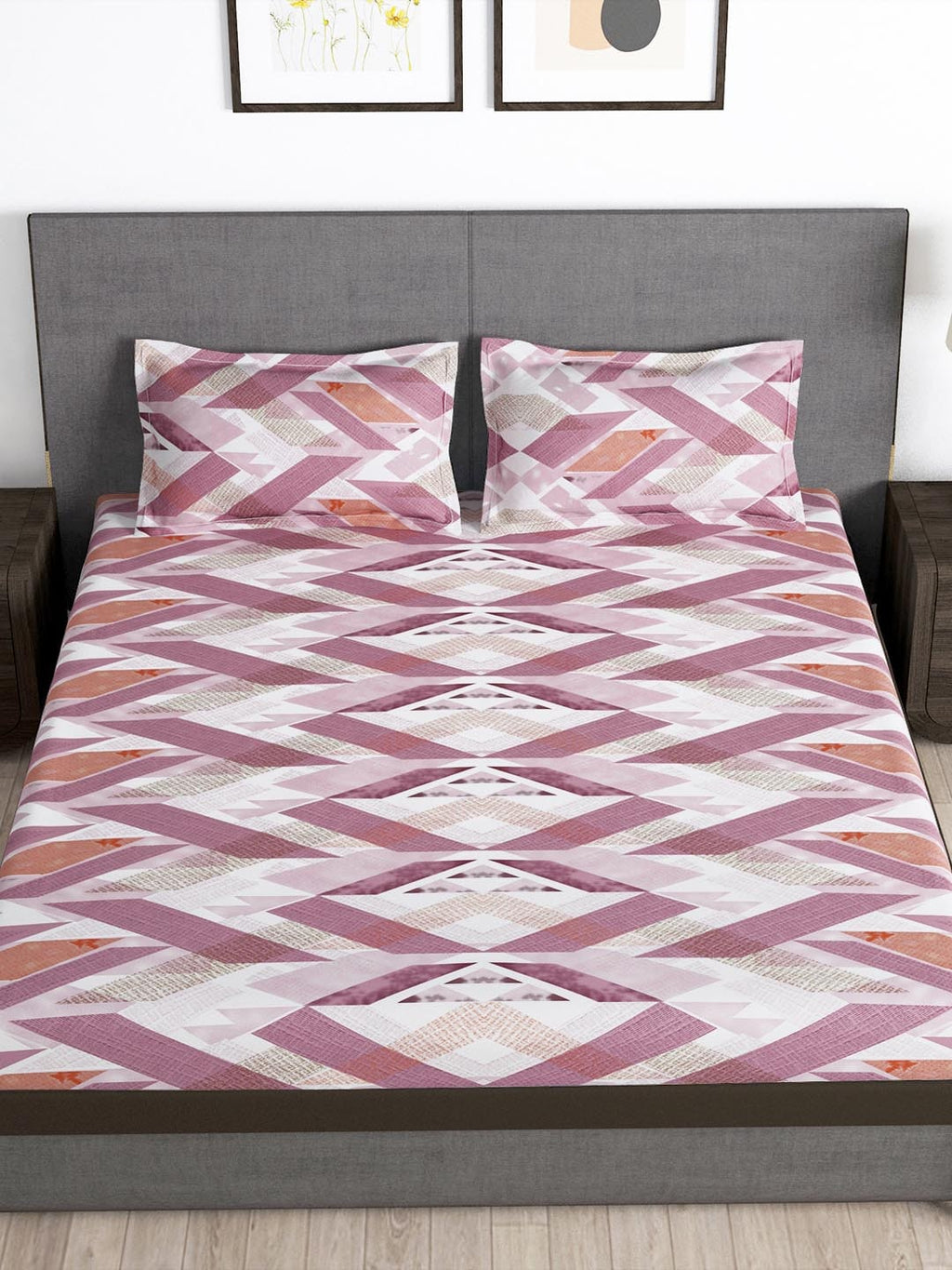 Story@home Arena Pink & White Geometric Printed 180 TC Bedsheet & Pillow Covers | Grocsy