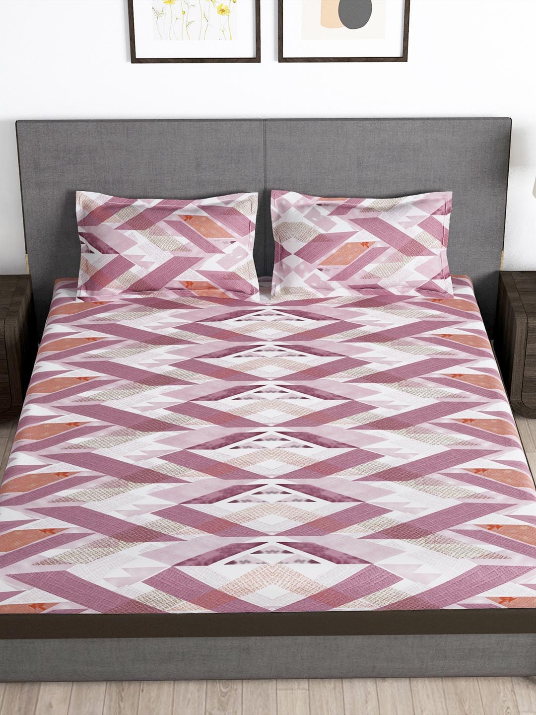 Story@home Arena Pink & White Geometric Printed 180 TC Bedsheet & Pillow Covers | Grocsy