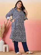 Sztori Plus Size Floral Printed Shirt Collar Roll-Up Sleeves Crepe Pathani Kurta | Grocsy