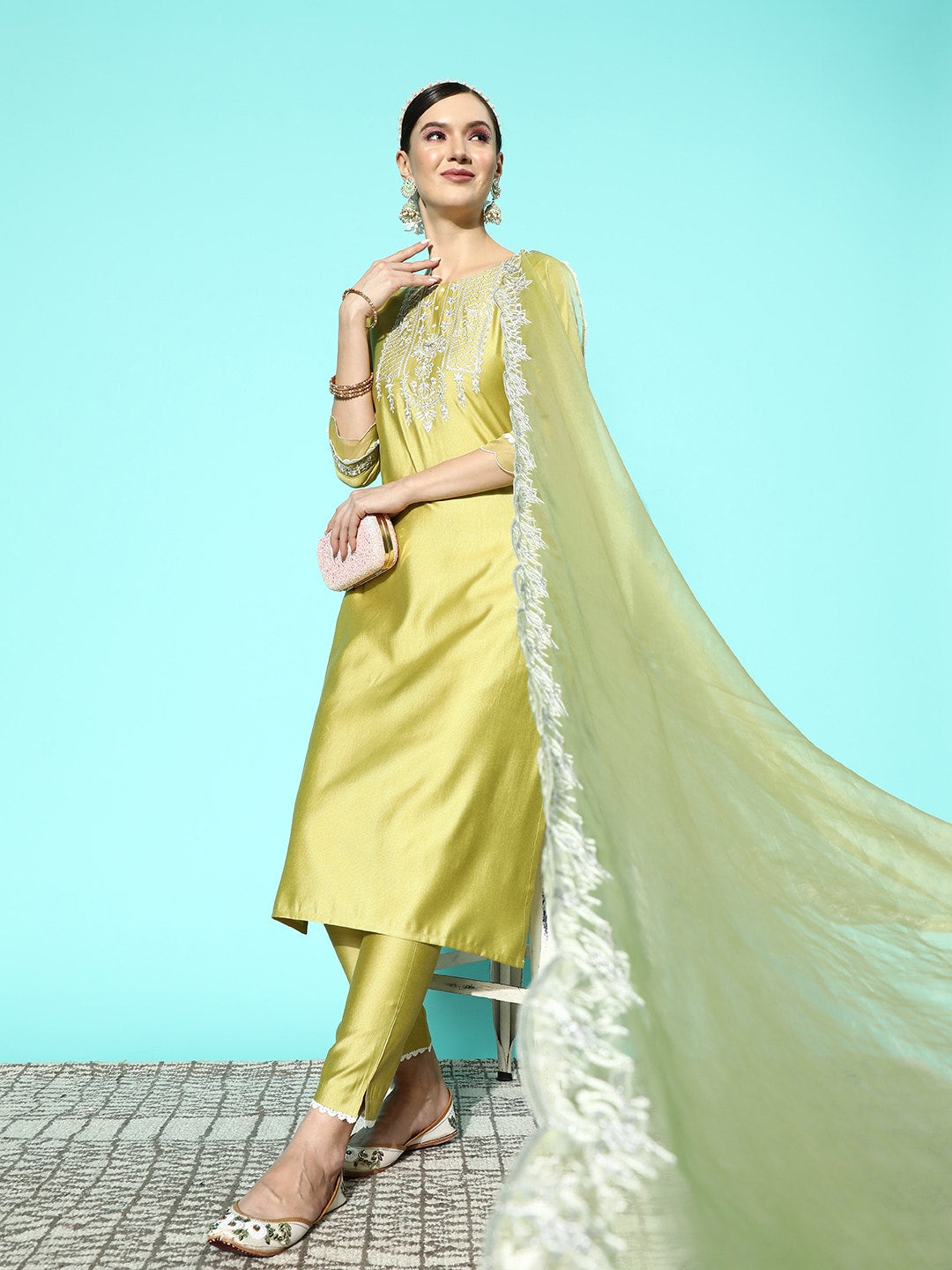 Sangria Women Floral Embroidered Regular Sequinned Kurta with Trousers & With Dupatta | Grocsy