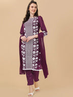 HERE&NOW Floral Embroidered Chikankari Kurta with Trousers & Dupatta | Grocsy