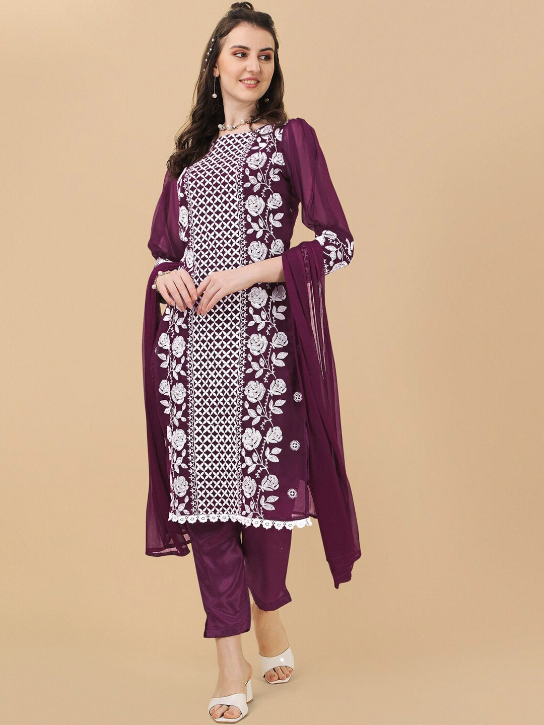 HERE&NOW Floral Embroidered Chikankari Kurta with Trousers & Dupatta | Grocsy