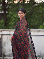 Tikhi Imli Black & Red Poly Georgette Printed Saree | Grocsy