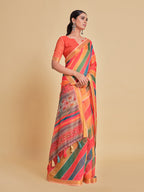 Sangria Orange & Green Printed Pure Cotton Saree | Grocsy