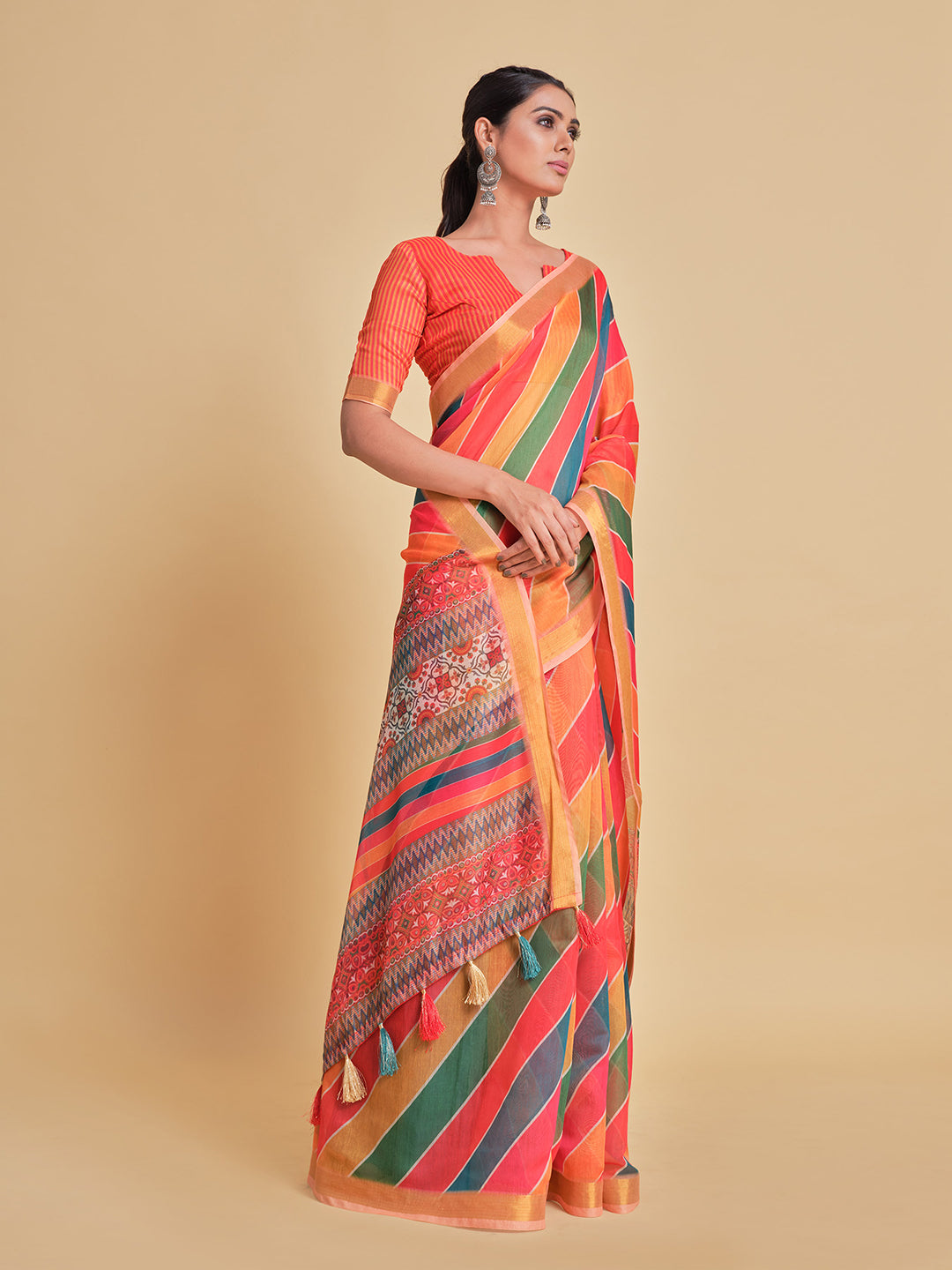 Sangria Orange & Green Printed Pure Cotton Saree | Grocsy