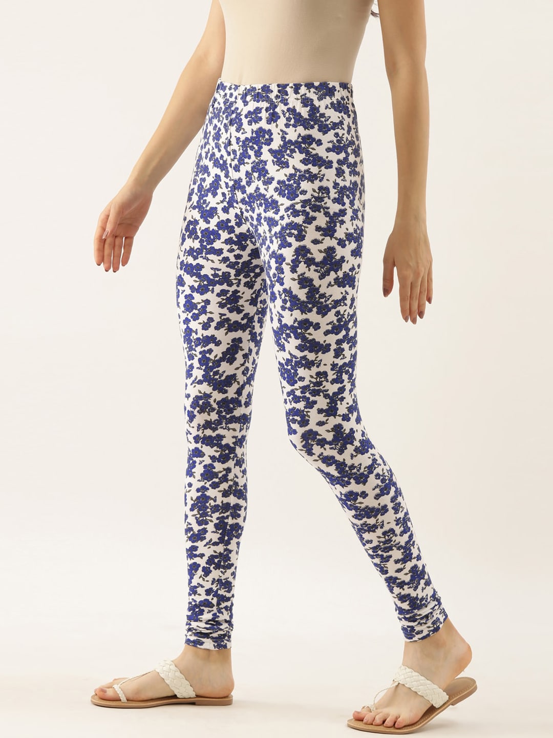 Souchii Women White & Blue Printed Slim-Fit Ankle-Length Leggings | Grocsy