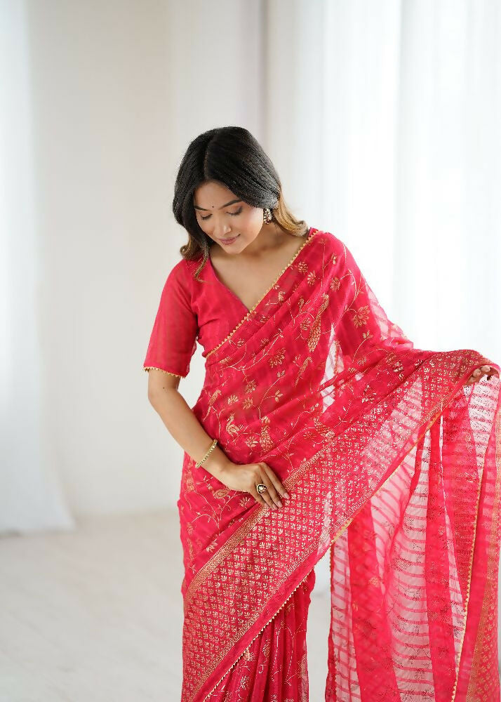 PR Fashion Red Georgette Patta Plain With Foil Work And Small Lace And Zalar Lace Saree | Grocsy
