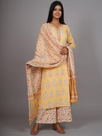 HERE&NOW Women Yellow Floral Printed Thread Work Kurta with Palazzos & With Dupatta | Grocsy