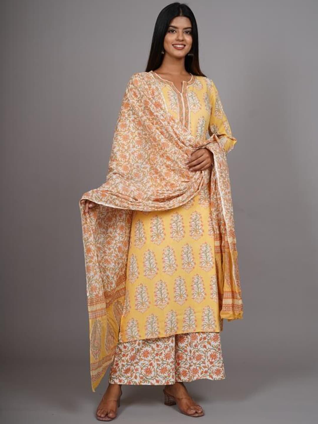 HERE&NOW Women Yellow Floral Printed Thread Work Kurta with Palazzos & With Dupatta | Grocsy