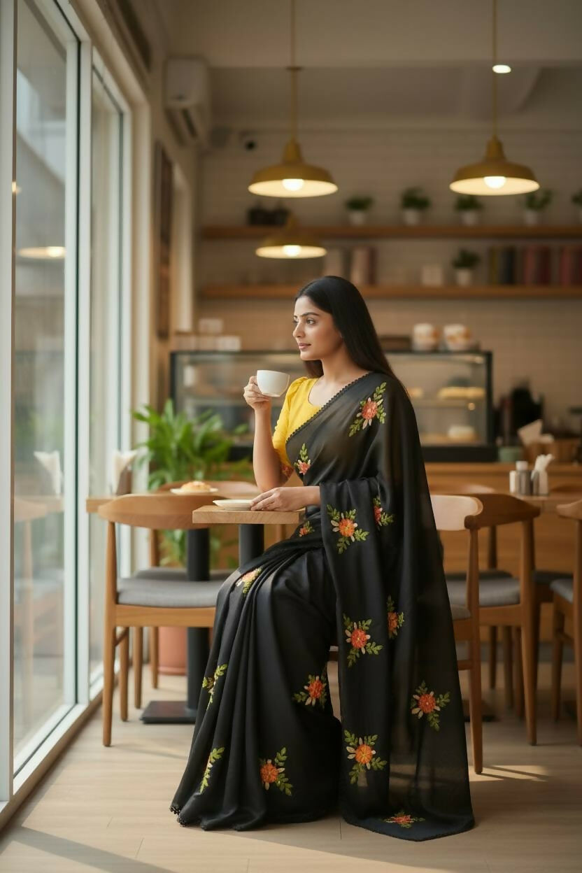 Teeya Creation Black Rangoli Silk Embroidery Work Party Wear Designer Saree | Grocsy