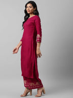 Yufta Women Pink And Golden Pure Cotton Solid Kurta with Palazzo and Dupatta | Grocsy