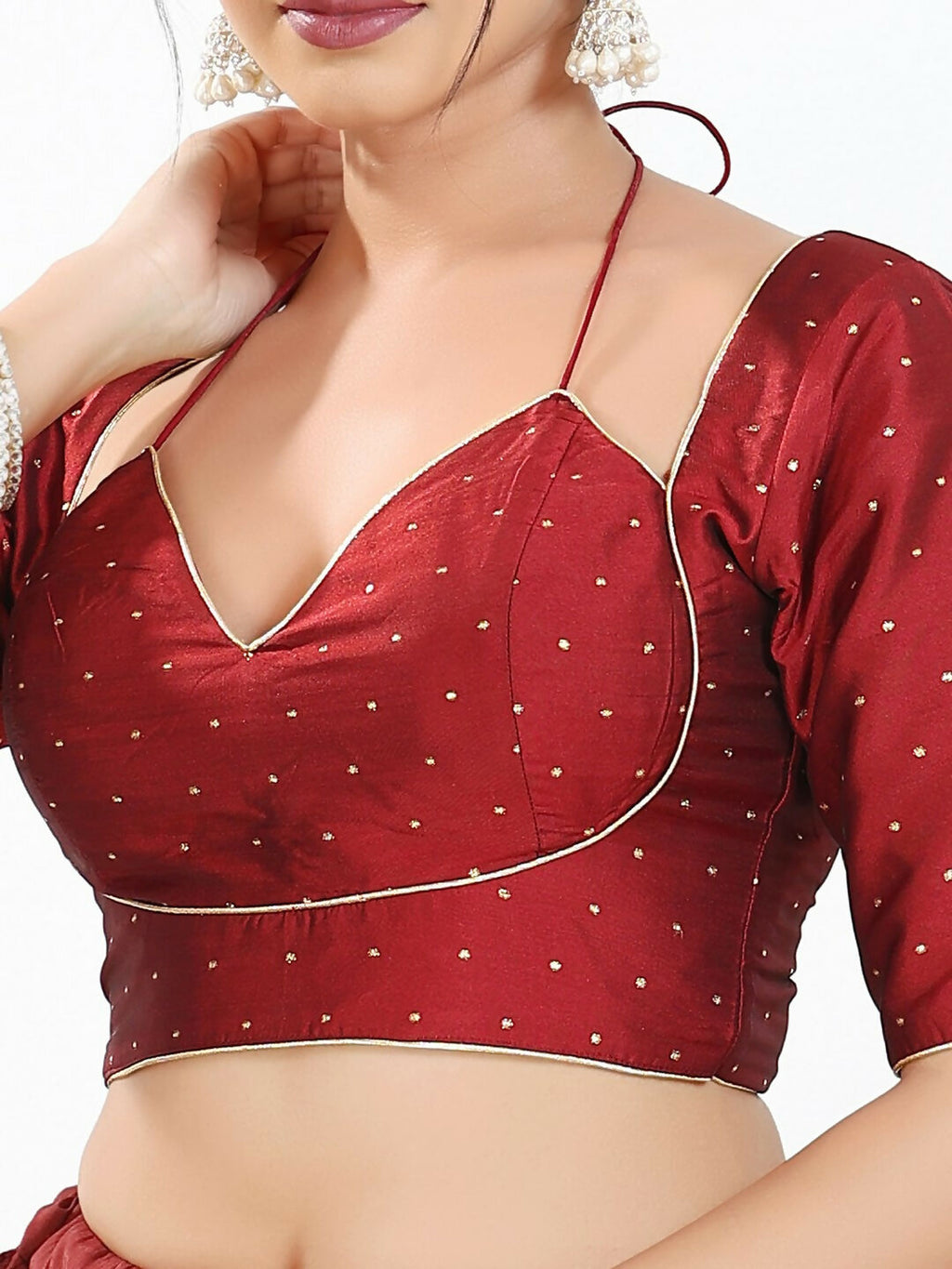 Joban Fashion Maroon Brocade Padded Blouse With Sweetheart Neck Elbow Sleeves | Grocsy