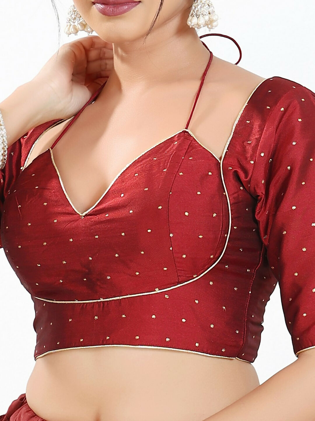 Joban Fashion Maroon Brocade Padded Blouse With Sweetheart Neck Elbow Sleeves | Grocsy