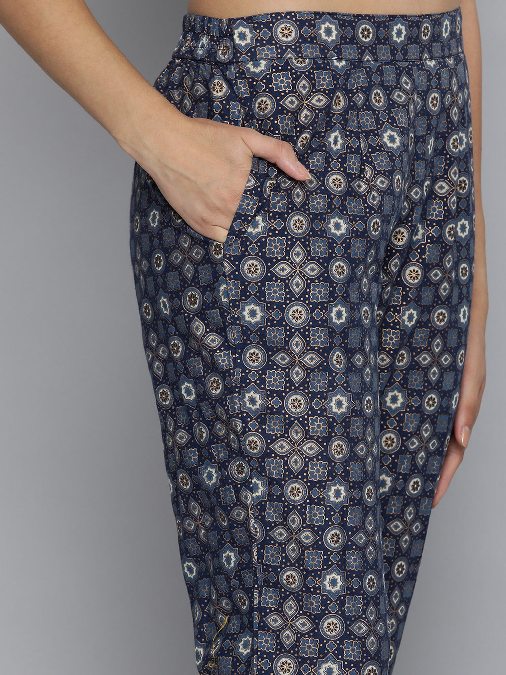 HERE&NOW Women Navy Blue Ethnic Motifs Printed Pure Cotton Kurta with Trousers & With Dupatta | Grocsy