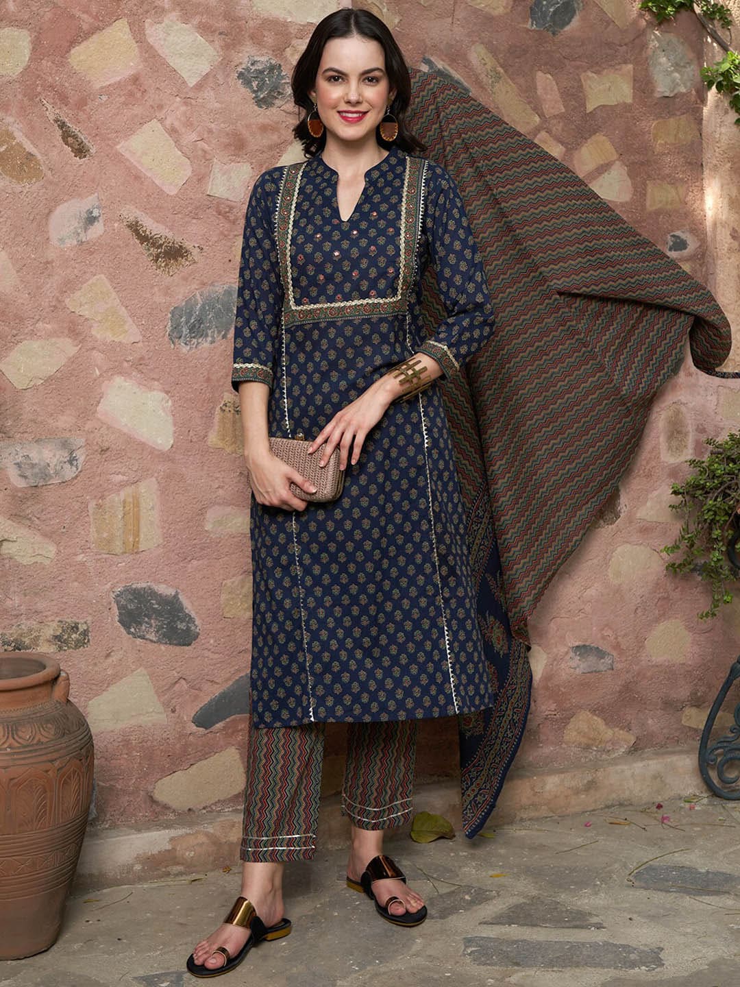 Sangria Printed Pure Cotton Kurta with Trousers & With Dupatta | Grocsy
