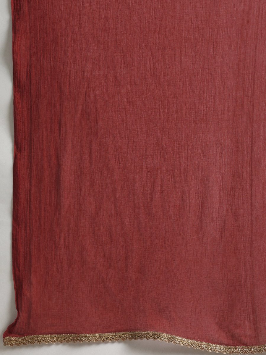 All About You Women Maroon & Golden Satin Finish Kurta with Trousers & With Dupatta | Grocsy