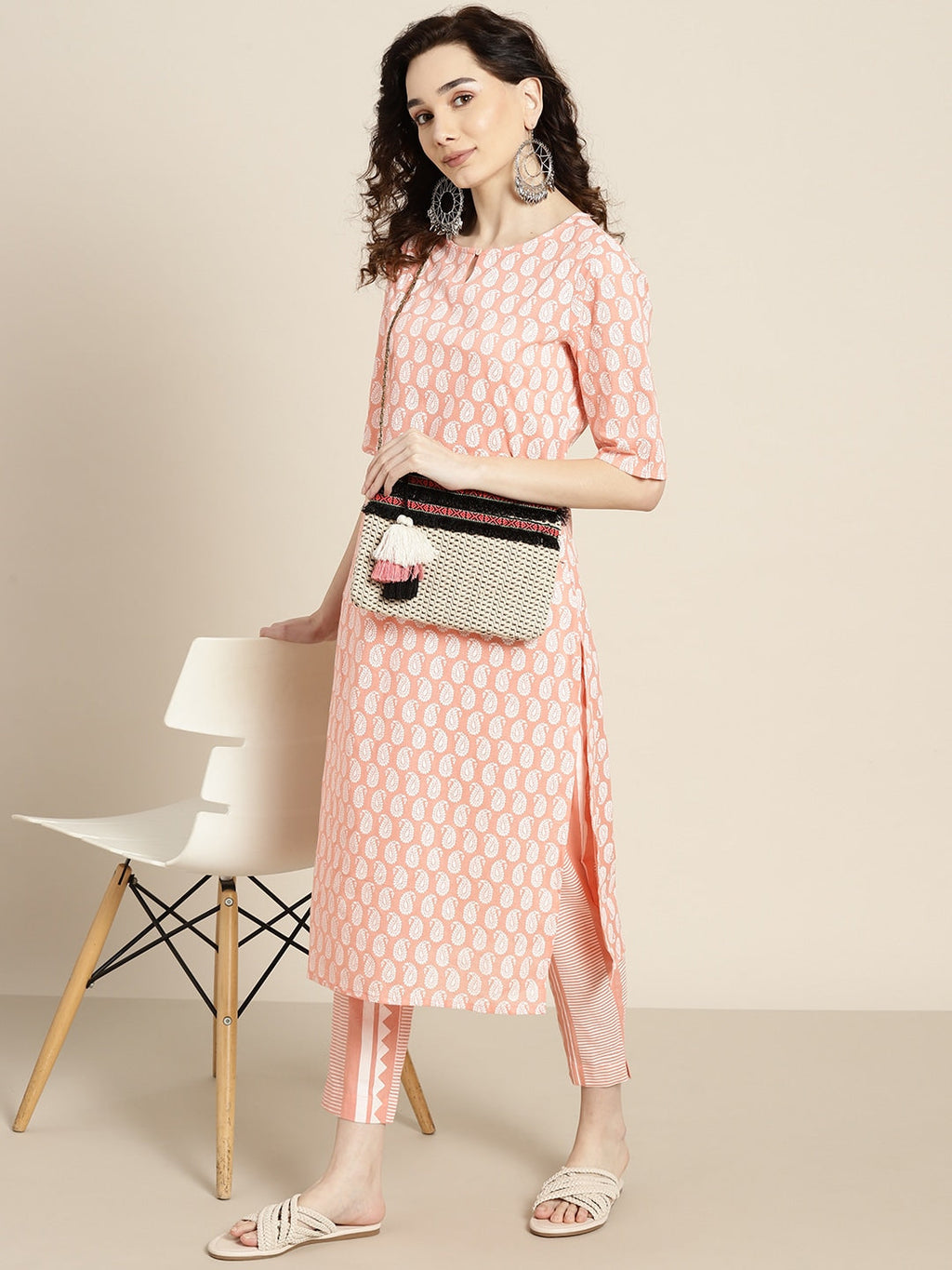 Sangria Women Peach-Coloured & White Ethnic Printed Pure Cotton Kurta set | Grocsy